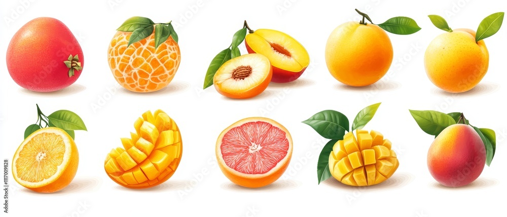 Fresh whole and sliced fruits like orange, peach, grapefruit, mango, cantaloupe. Fresh whole and sliced fruits like orange, peach, grapefruit, mango, cantaloupe.