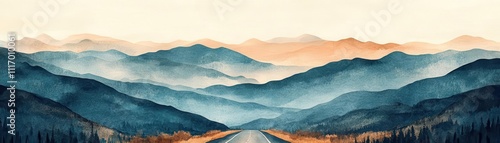 Vintage-inspired flat design, triadic watercolor mountains with a sweeping road, timeless travel concept, Mountain range sweeping road