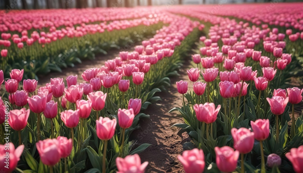 A picturesque field of pink tulips with a subtle sunbeam, bright colors, warm light A picturesque field of pink tulips with a subtle sunbeam, bright colors, warm light