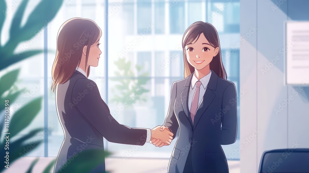 Two women shaking hands in a professional setting Two women shaking hands in a professional setting