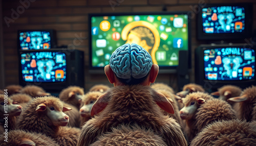 Sheep with TV screens, brain addicted to social media, manipulation and mind control by media, disconnected to reality
 photo