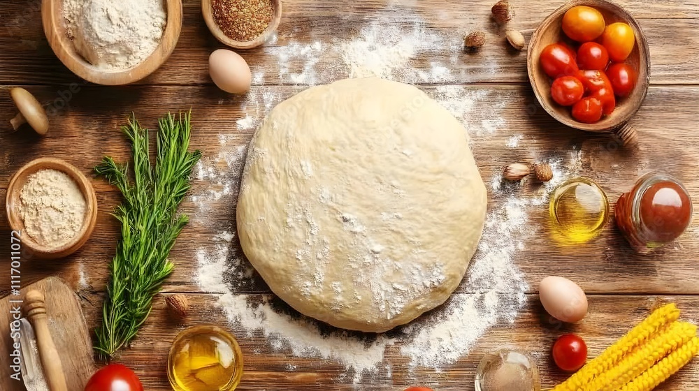 Fototapeta premium Baking fresh pizza dough at home step-by-step guide kitchen culinary art cozy atmosphere top-down view