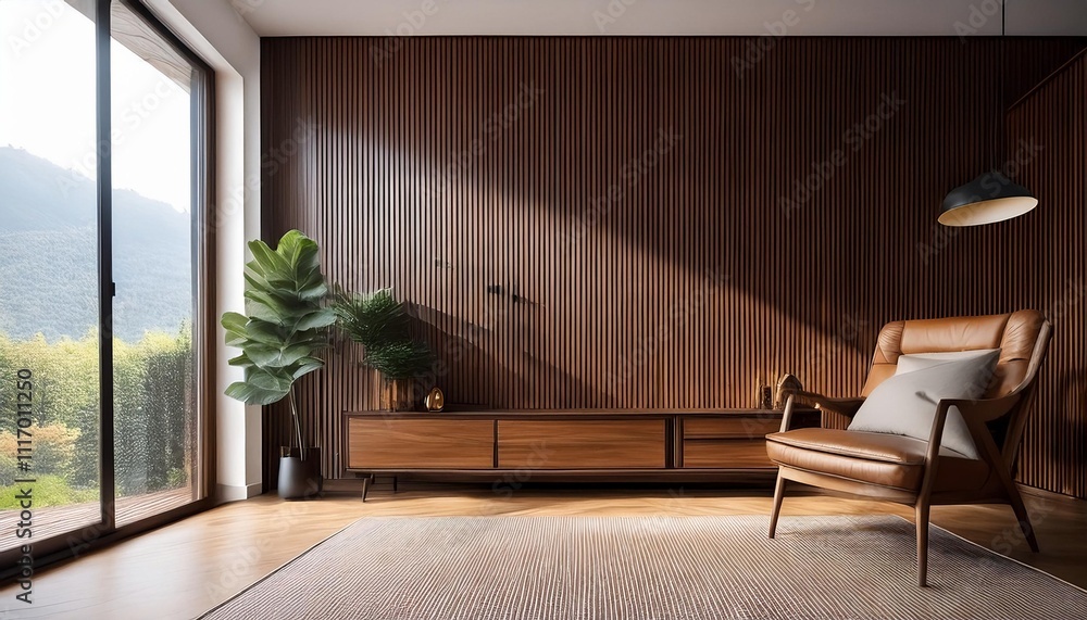 Fototapeta premium Empty Dark Wood Accents Wall Mockup in Mid Century Modern Interior with Wood Sideboard and a Armchair. Natural Daylight From a Window. Promotion Background.