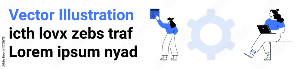 Two characters, one standing with a tablet and one sitting with a laptop, gear icon in the center, placeholder text. Ideal for technology, teamwork, productivity, software, web development Two characters, one standing with a tablet and one sitting with a laptop, gear icon in the center, placeholder text. Ideal for technology, teamwork, productivity, software, web development