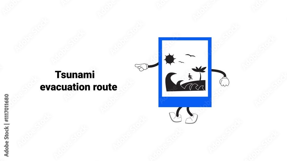 Animated tsunami evacuation route sign with cartoon characters, perfect for educational materials, traffic safety campaigns, or children's learning content. Animated tsunami evacuation route sign with cartoon characters, perfect for educational materials, traffic safety campaigns, or children's learning content.
