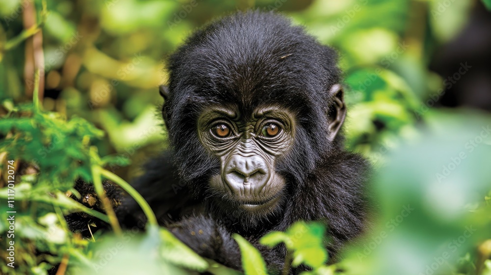 A Young Mountain Gorilla Gazes From Lush Green Foliage A Young Mountain Gorilla Gazes From Lush Green Foliage