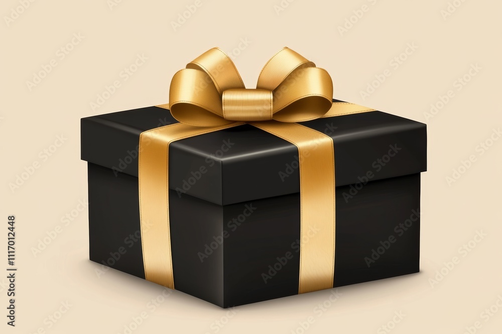 Elegant black gift box with luxurious gold ribbon against a soft beige background for special occasions Elegant black gift box with luxurious gold ribbon against a soft beige background for special occasions