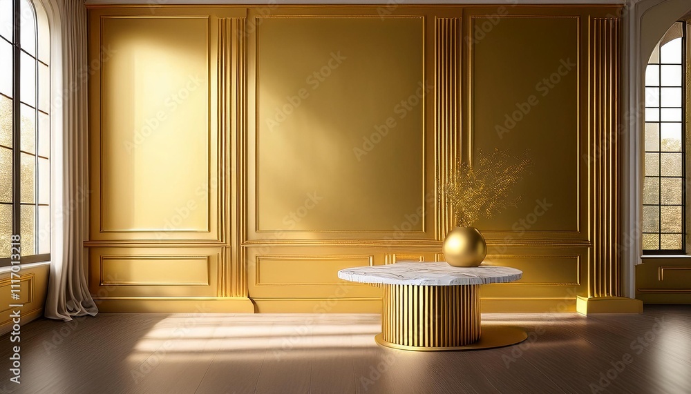 Empty Gold Wall Mockup in Traditional Interior with Marble Top Coffee Table. Natural Daylight From a Window. Promotion Background. Empty Gold Wall Mockup in Traditional Interior with Marble Top Coffee Table. Natural Daylight From a Window. Promotion Background.