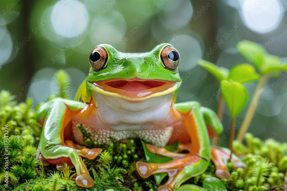 Naklejka premium Vibrant Green Tree Frog on Mossy Surface
