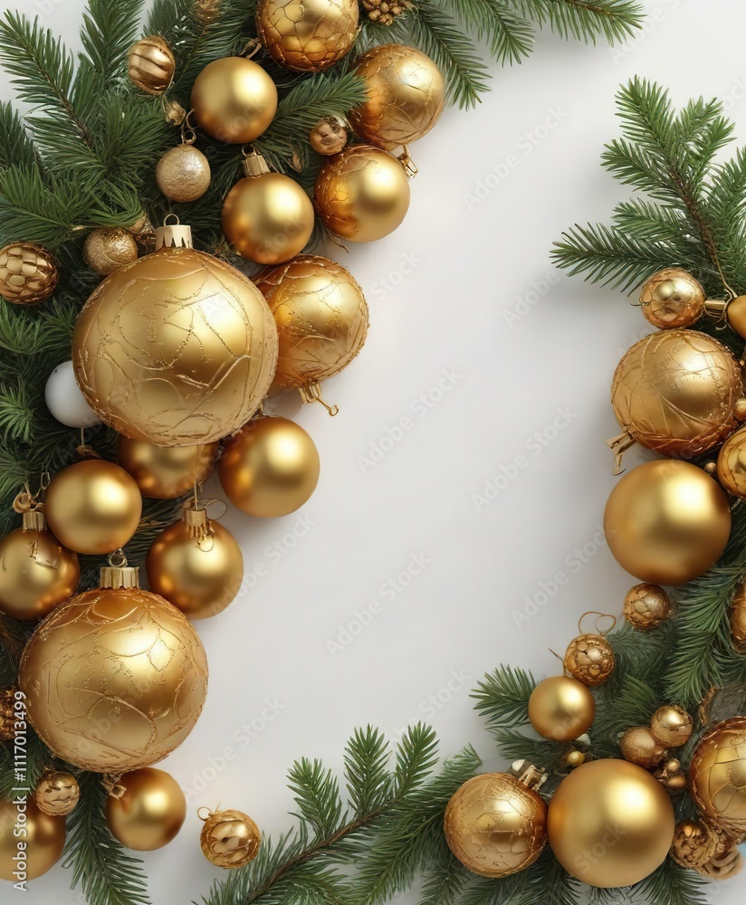Christmas white background adorned with an assortment of golden balls and pine branches, golden accents, seasonal elements, holiday decor Christmas white background adorned with an assortment of golden balls and pine branches, golden accents, seasonal elements, holiday decor
