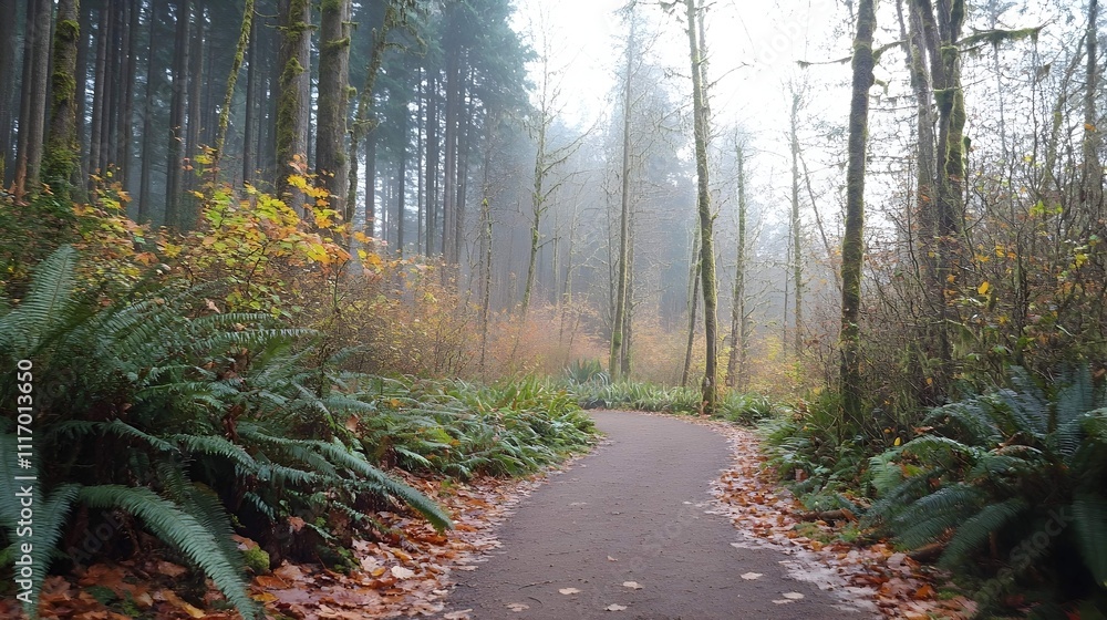 Obraz premium Misty autumn path winding through a lush forest with tall trees and vibrant foliage.