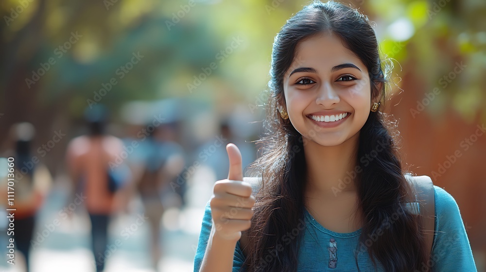 Cheerful young woman giving thumbs up outdoors positive vibes nature Cheerful young woman giving thumbs up outdoors positive vibes nature
