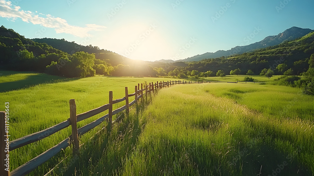 A serene landscape featuring a sunlit field, a wooden fence, and rolling hills under a clear blue sky A serene landscape featuring a sunlit field, a wooden fence, and rolling hills under a clear blue sky