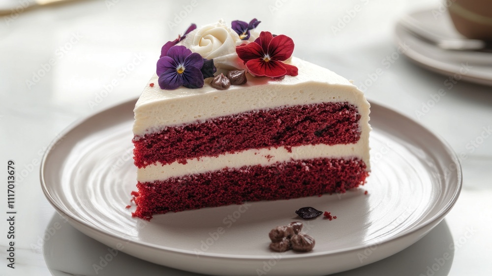 A Slice of Red Velvet Cake Decorated with Flowers A Slice of Red Velvet Cake Decorated with Flowers