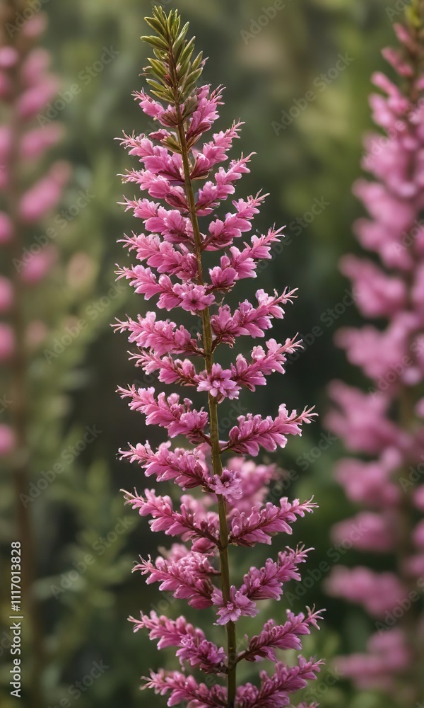 Obraz premium Closeup shot of the delicate petals of pink heather Calluna vulgaris flowers with intricate details, pink flowers, macro photography