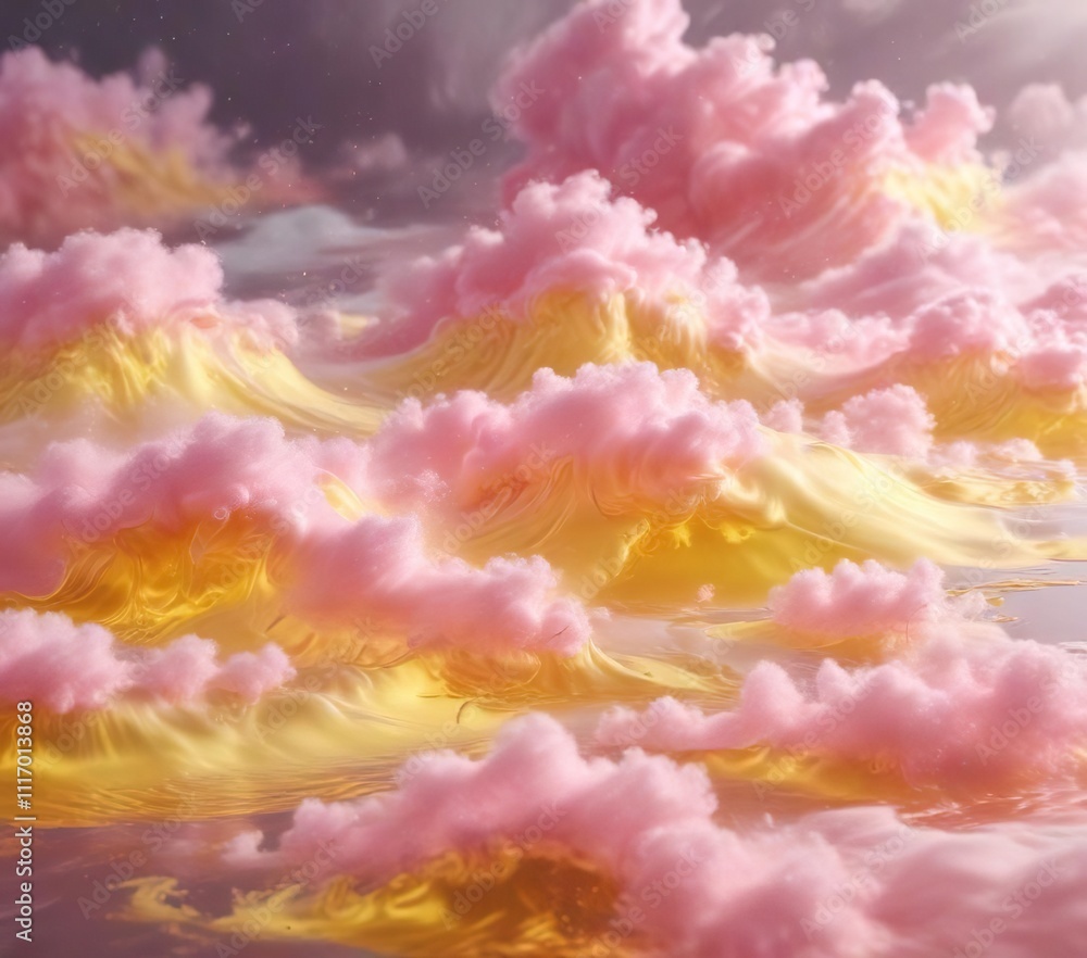 Fototapeta premium Cloud of pink and yellow liquid floating slowly through the air with soft ripples, ethereal, gentle, soft focus