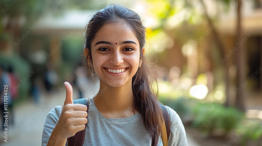 Cheerful student giving thumbs up campus portrait daylight joy Cheerful student giving thumbs up campus portrait daylight joy