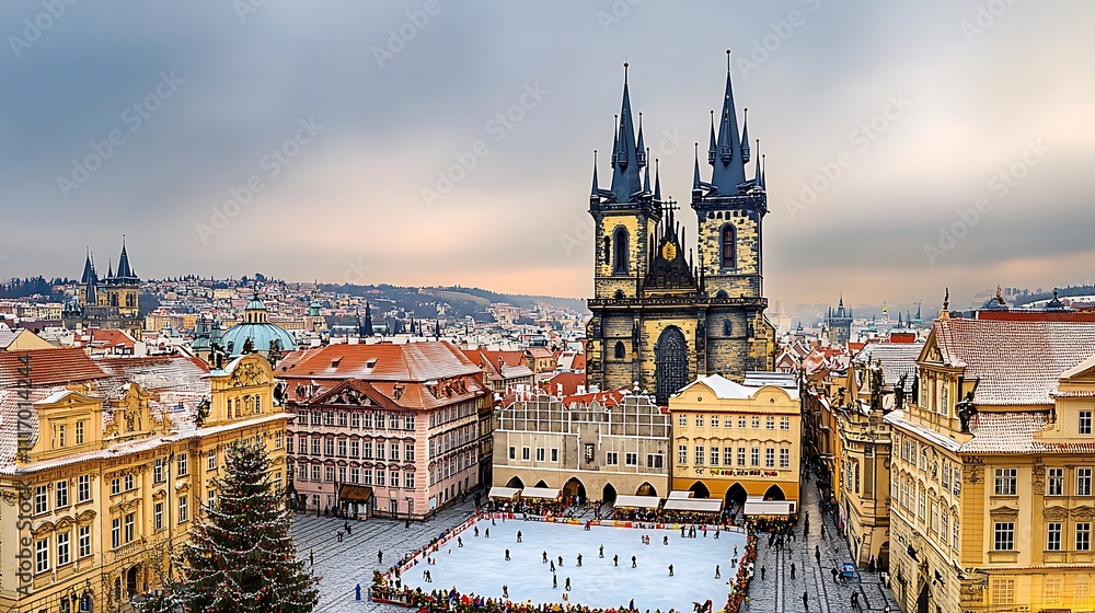 Fototapeta premium Aerial View of an Ice Skating Rink in Prague's Old Town Square with the Church of Our Lady Before T?n in the Background