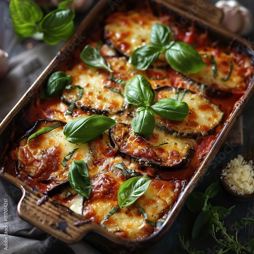 Melted cheese on baked eggplant parmesan in a rustic dish.