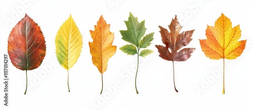 Six autumn leaves of different colors and shapes, isolated on white background.