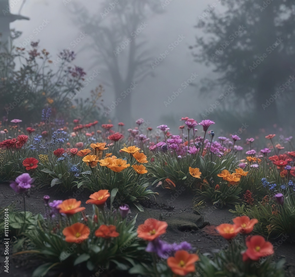 Obraz premium Colorful flowers blooming in a dark and eerie atmosphere with fog and mist , misty forest, outdoor scene, nature photography