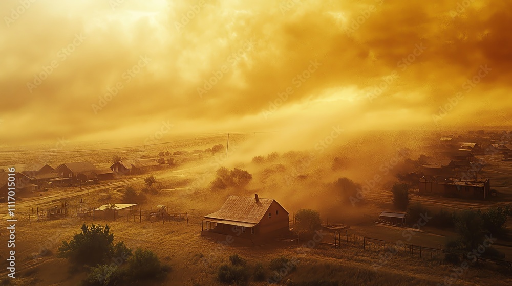 Dramatic dust storm approaching rural town Dramatic dust storm approaching rural town