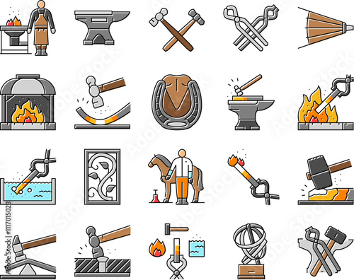 blacksmith forge anvil hammer icons set vector. smith metal, smithy craftsman, fire steel, work farrier, black forging, sword strike blacksmith forge anvil hammer color line illustrations