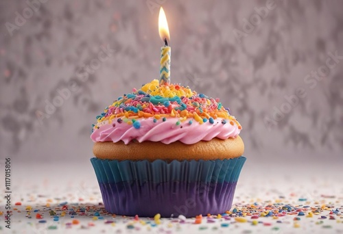 Colorful sprinkles covering birthday cupcake with one candle, sugar, happiness, gourmet photo