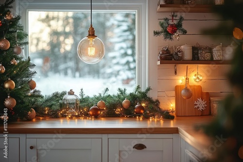 Cozy Scandinavian Kitchen with Christmas Decorations and Winter Scene photo