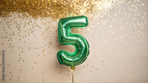 A vibrant green metallic number 5 balloon, perfectly centered against a sparkling gold glitter background. this image captures the festive and glamorous essence, ideal for celebrations and decorations photo