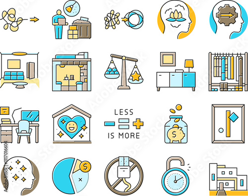 minimalist mind man person icons set vector. functional space, apartment minimal home lifestyle, simplicity modern mindful home minimalist mind man person color line illustrations