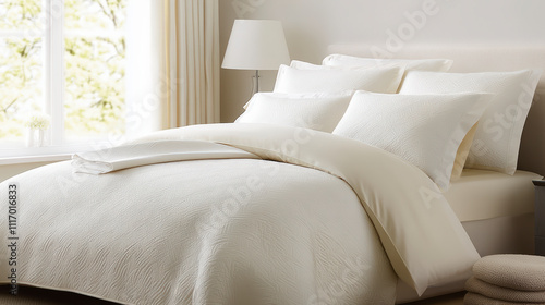 A cozy, well-lit bedroom features a neatly made bed with white linens, complemented by soft pillows and a stylish bedside lamp.