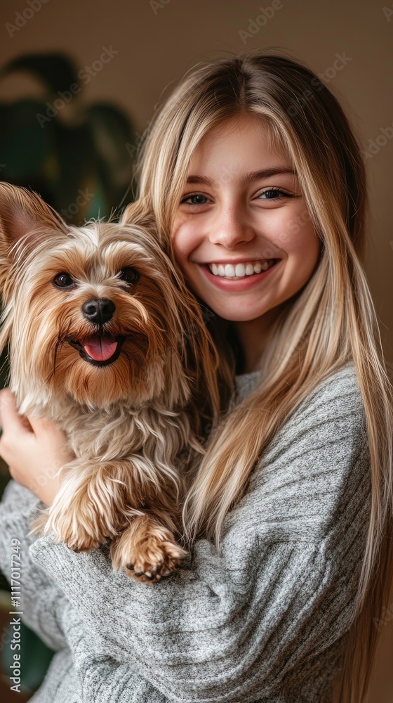 Girl Smiling Holds Adorable Yorkshire Terrier Dog Girl Smiling Holds Adorable Yorkshire Terrier Dog