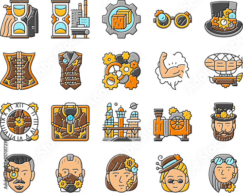 steampunk vintage metal steam icons set vector. gear old, punk brass, retro clock, machine mechanism, industrial rusty bronze, cog steampunk vintage metal steam color line illustrations