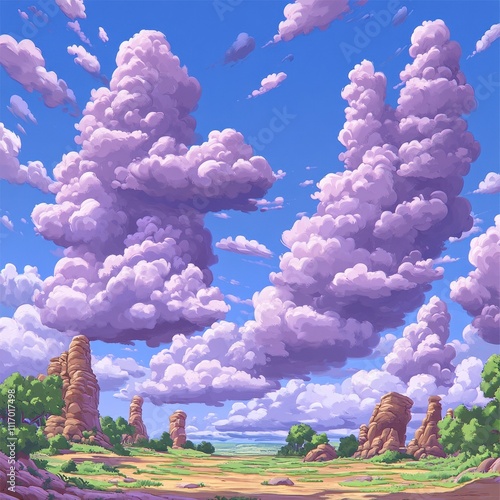 Vibrant Video Game Landscape with Avatars in Distinct Clouds