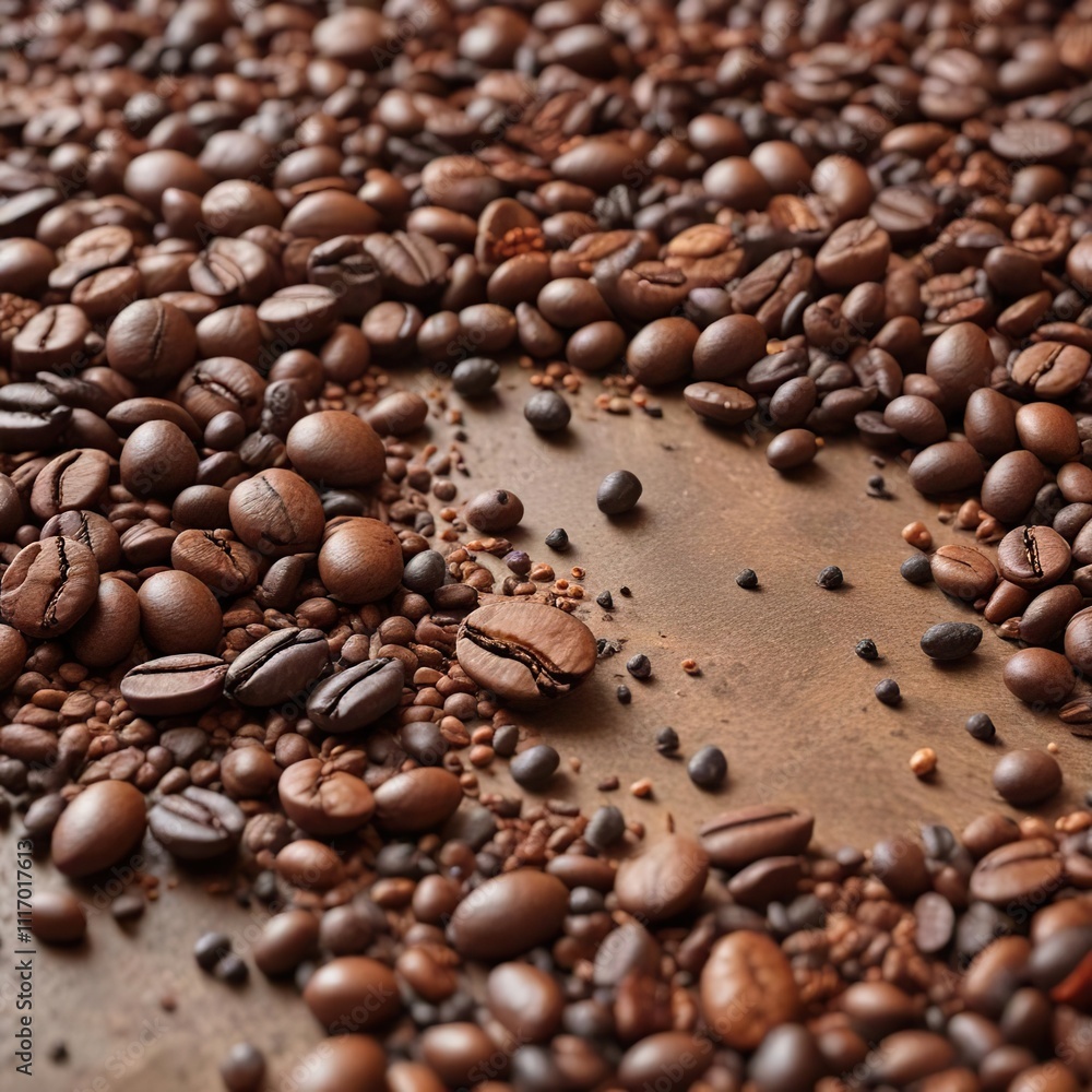 Detail of coffee beans with cocoa nibs and spices scattered around them , cocoa nibs, chili, turmeric Detail of coffee beans with cocoa nibs and spices scattered around them , cocoa nibs, chili, turmeric