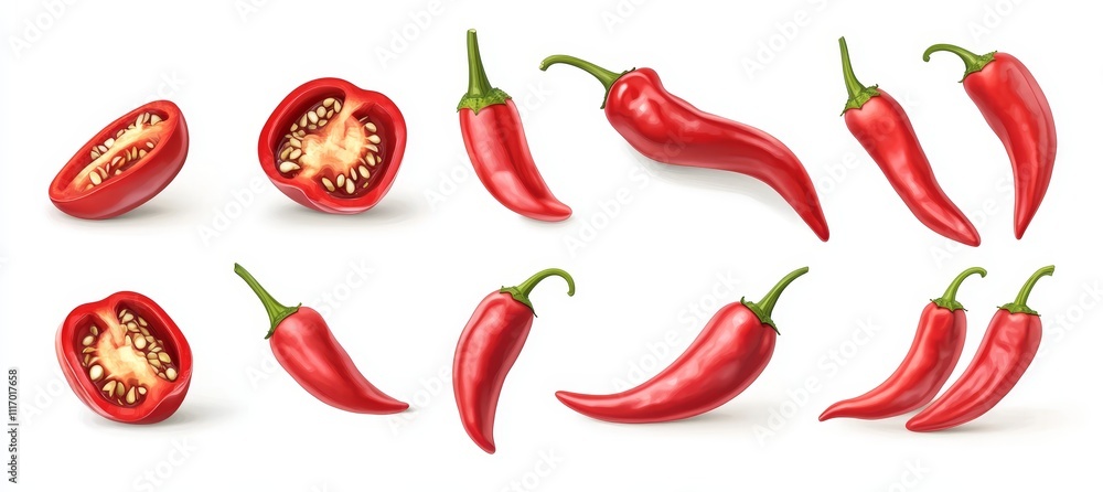 Collection of red chili peppers, whole, halved, and sliced. Collection of red chili peppers, whole, halved, and sliced.