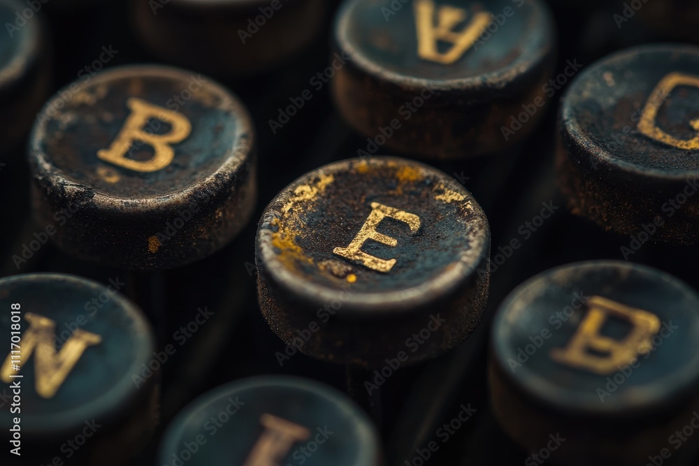 Close-up of worn keys on old-fashioned typewriter with tarnished metal