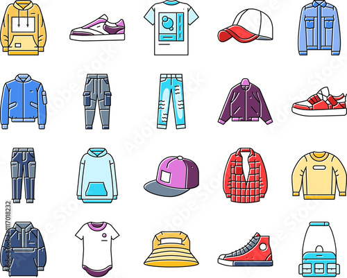 streetwear cloth fashion urban icons set vector. person style, retro shirt, print shape, vintage model, y2k street, angel chair, acid streetwear cloth fashion urban color line illustrations