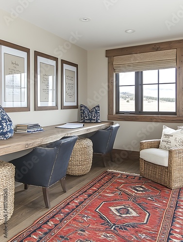 A home office adorned with motivational posters and personal photos.