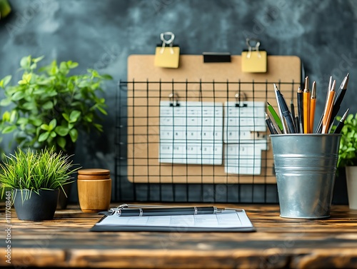 A home office with a bulletin board full of notes and a calendar on the wall.