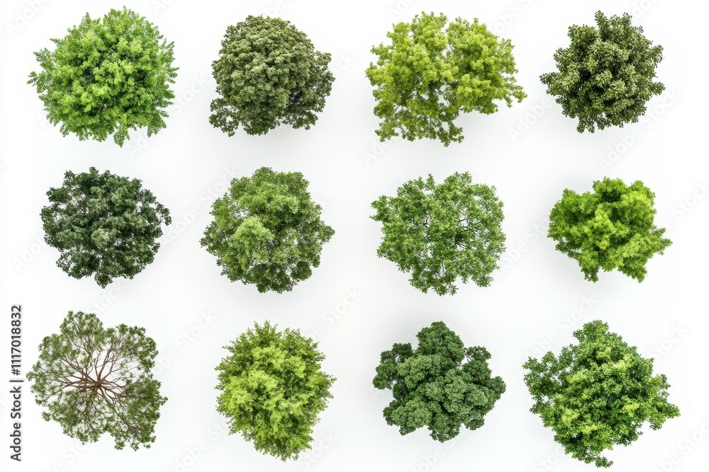 12 Top-Down View of Green Trees Isolated on White Background. 12 Top-Down View of Green Trees Isolated on White Background.