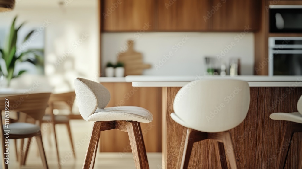Fototapeta premium Modern Kitchen Interior Design with White Stools and Wooden Cabinets
