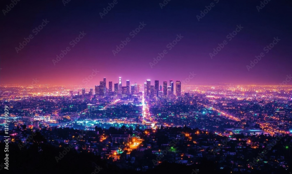 A vibrant nighttime cityscape of Los Angeles illuminated by colorful lights. A vibrant nighttime cityscape of Los Angeles illuminated by colorful lights.