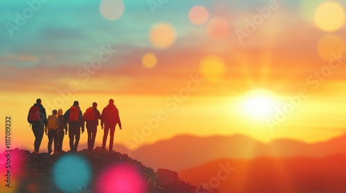 Team Leadership : A group of hikers reaches a mountain peak, silhouetted against a vibrant sunrise, capturing a moment of adventure and natural beauty. photo