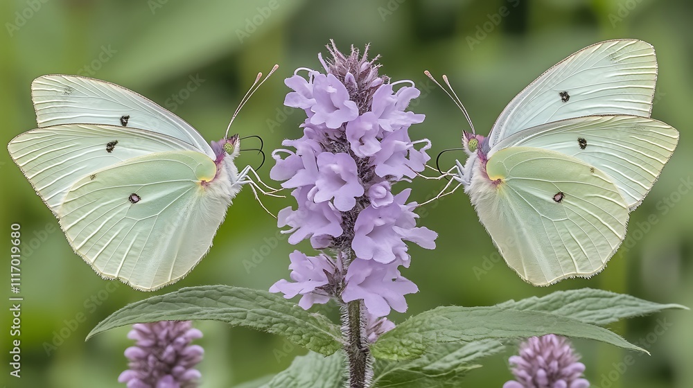Naklejka premium Two Pale Yellow Butterflies on a Purple Flower
