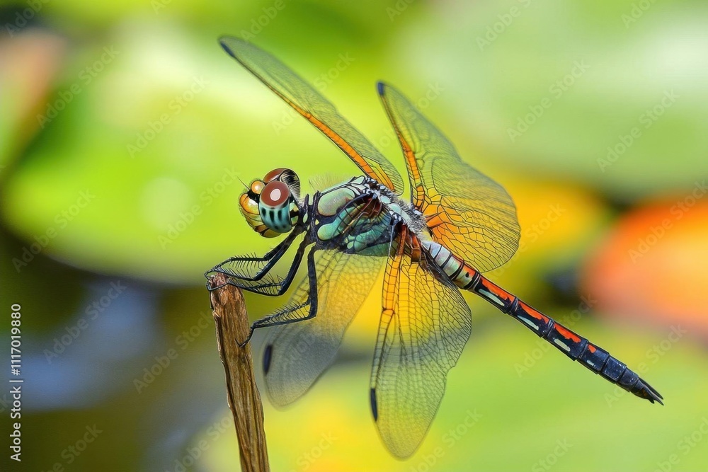 A vibrant dragonfly perched on a stick near water. A vibrant dragonfly perched on a stick near water.