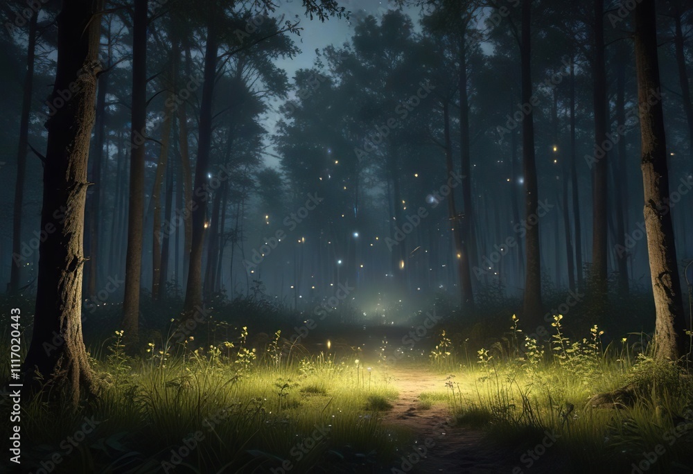 Obraz premium Flickering lights of fireflies in a forest clearing, forest clearing, bioluminescence