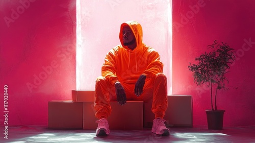 Casual Asian Guy in Orange Hoodie Sitting on Boxes with Smartphone in Hand Waiting for Delivery photo