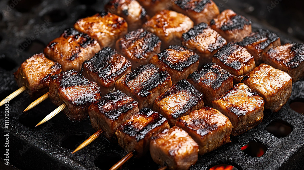 Close-up of skewered meat on a grill, five pieces of juicy meat on wooden sticks with an attractive glaze and scattered salt and pepper Close-up of skewered meat on a grill, five pieces of juicy meat on wooden sticks with an attractive glaze and scattered salt and pepper
